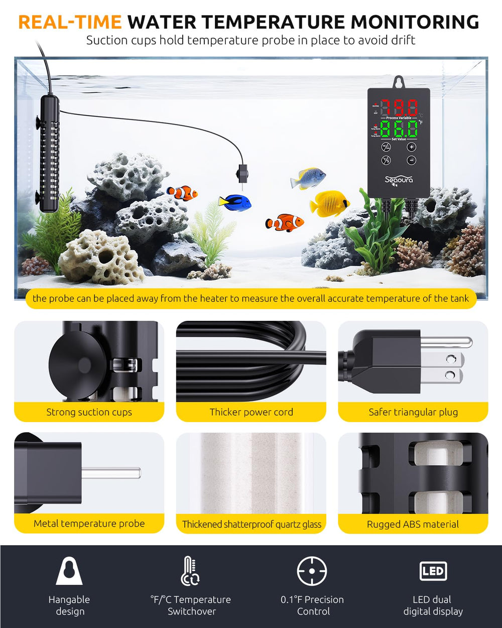 SEAOURA LED display shows current and set temps at glance