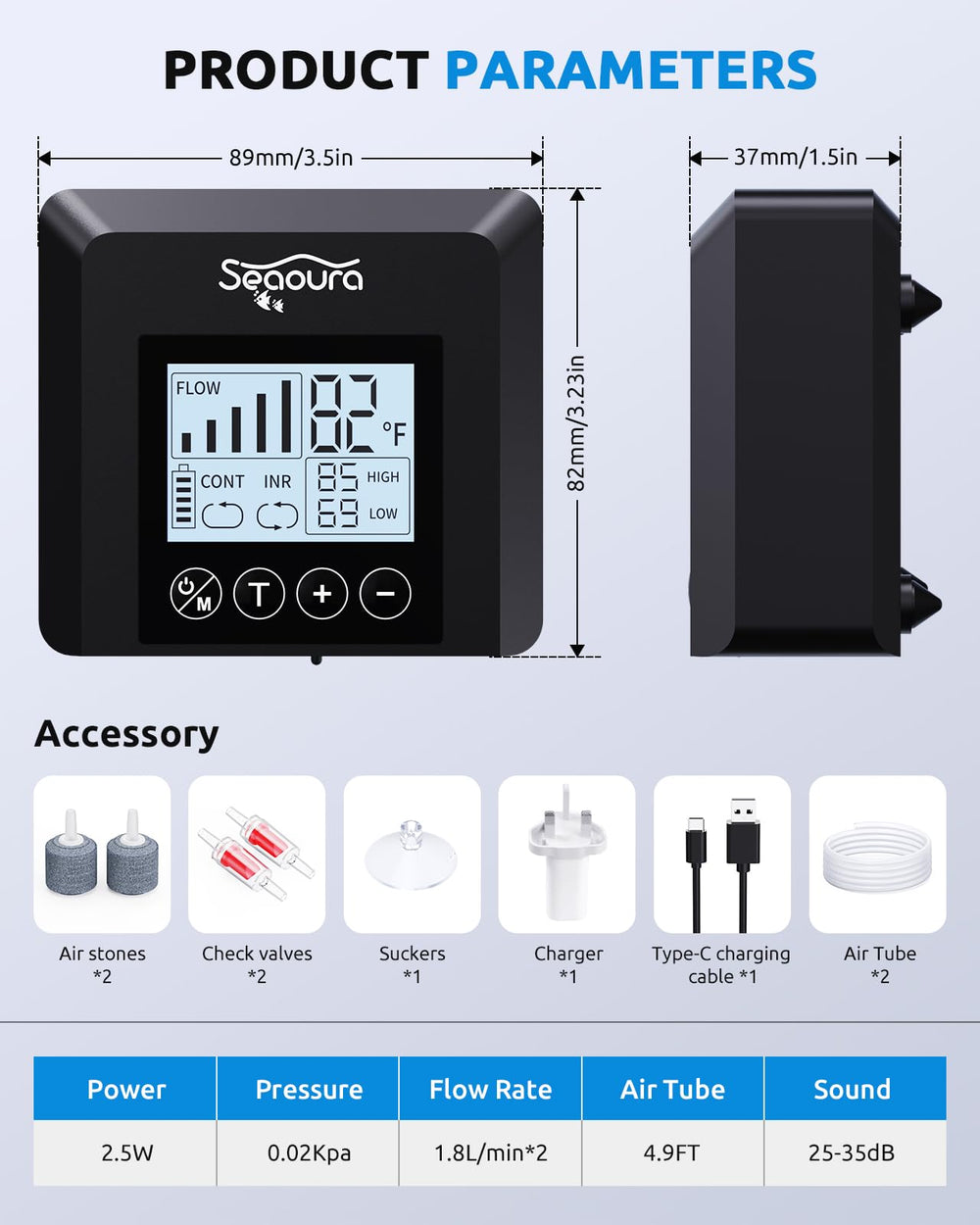 SEAOURA aerator package contents including pump and accessories