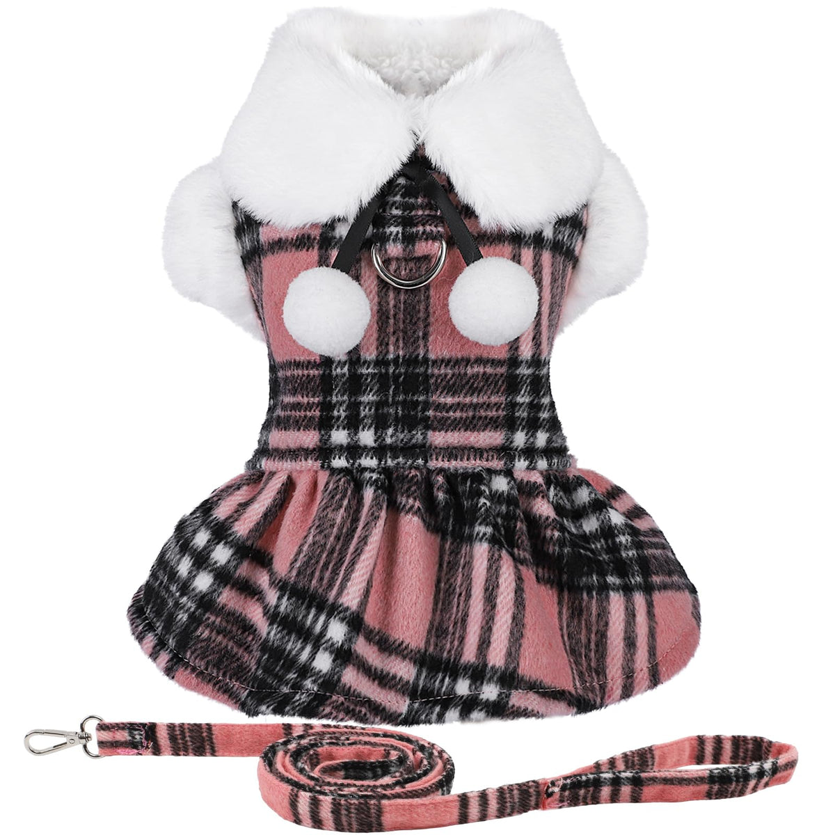 Sebaoyu Christmas plaid dog sweater dress pink with leash for festive photo shoots.
