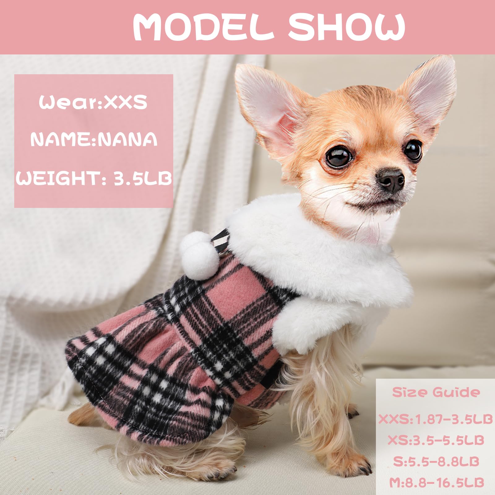 Sebaoyu Christmas plaid dog sweater pink XXS back view shows full coverage warmth.