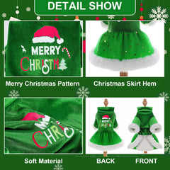 Sebaoyu dog Christmas dress green fabric close-up shows soft-touch material.