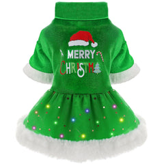 Sebaoyu dog Christmas dress green front view with festive LED glow for pets