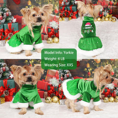 Sebaoyu dog Christmas dress LED green back view offers a cohesive holiday look.