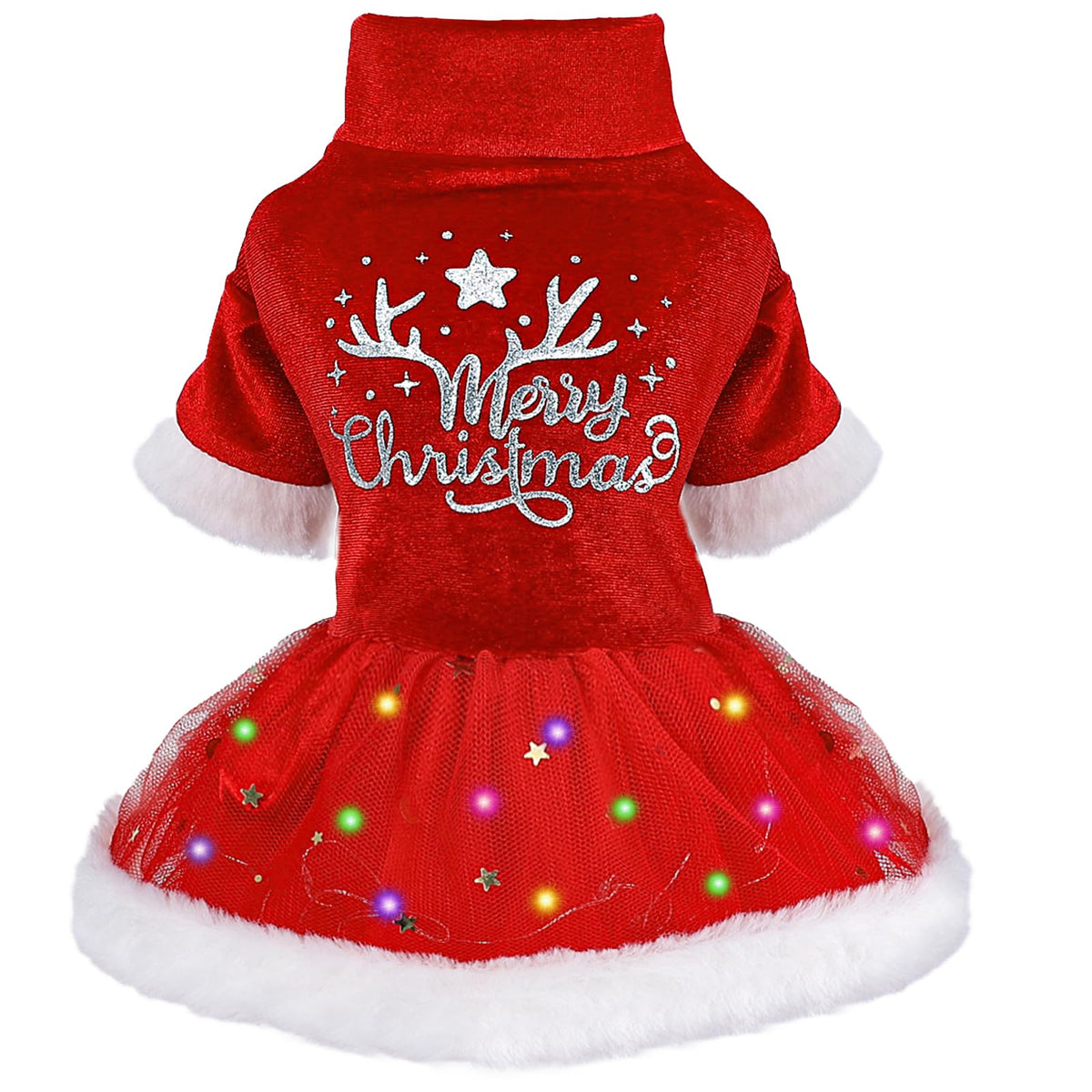 Sebaoyu dog Christmas outfits LED dress closeup with festive glow for small dogs