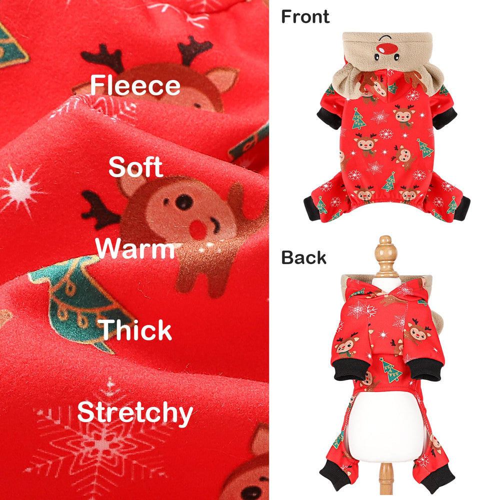 Sebaoyu dog Christmas pajama hood reindeer detail adds festive charm.