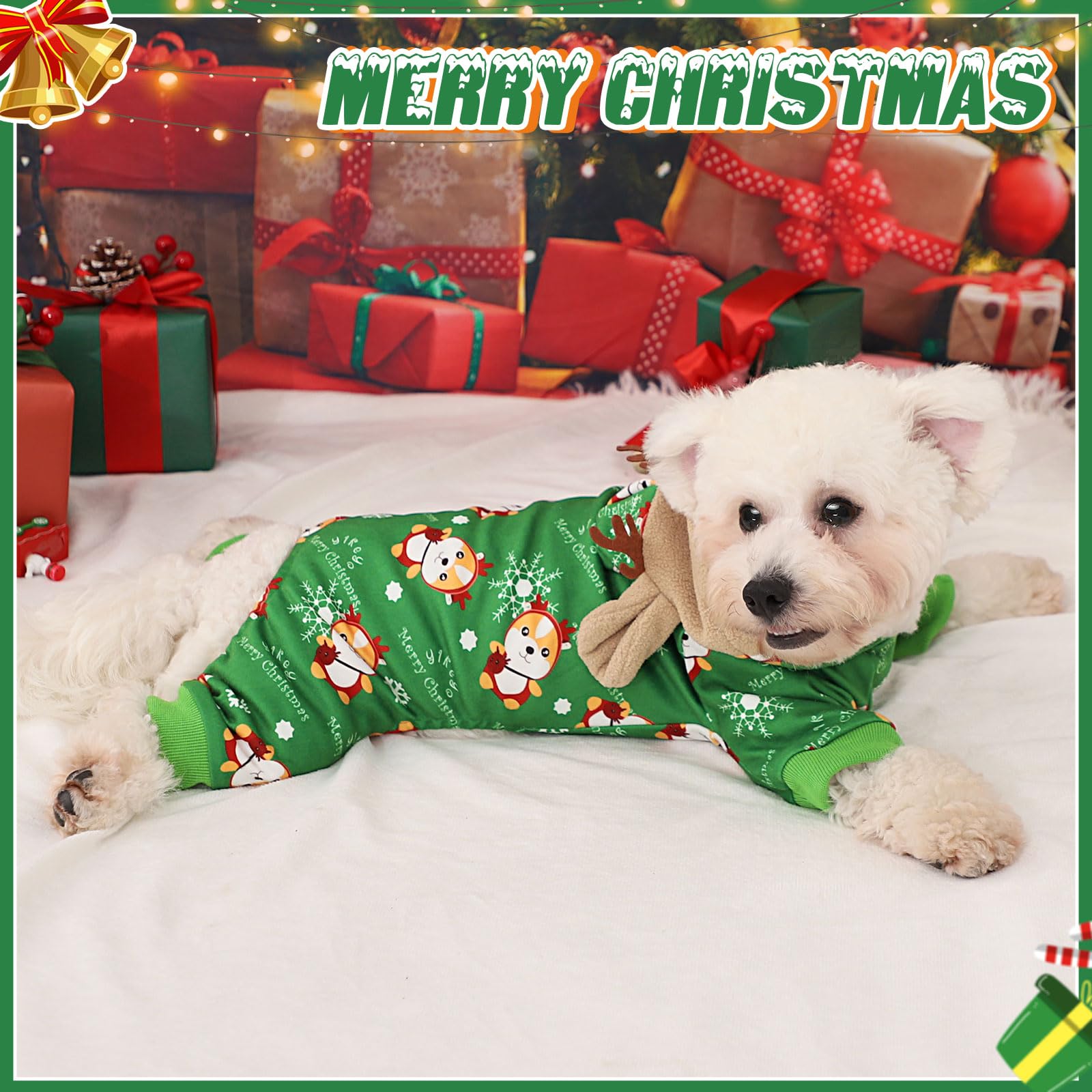Sebaoyu dog Christmas pajamas back view, full coverage and warmth