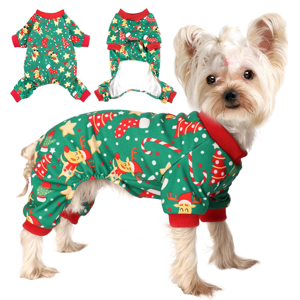 Sebaoyu dog Christmas pajamas green front view for small breeds, cozy holiday wear.