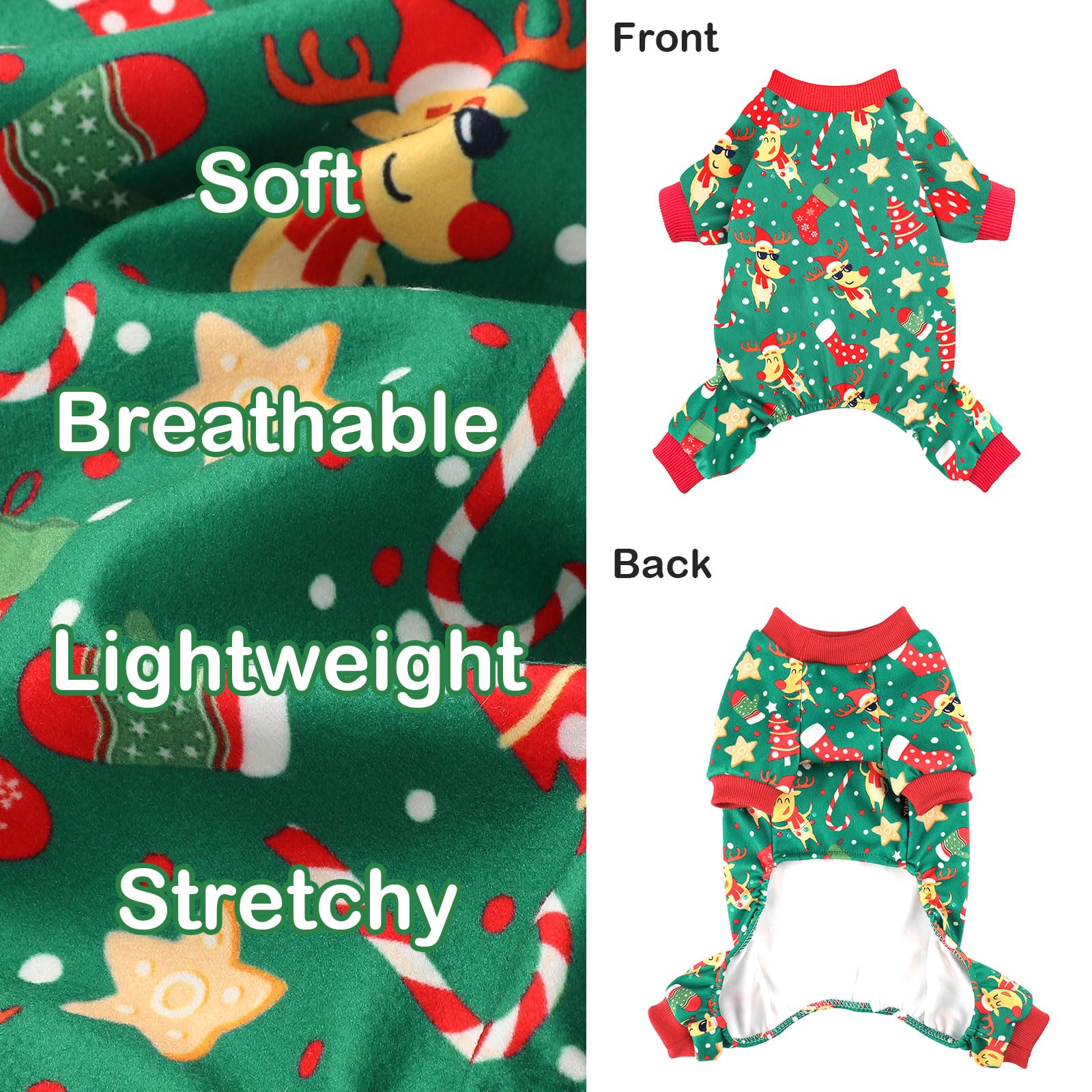 Sebaoyu dog Christmas pajamas green XS close-up fabric shows velvety texture and breathable comfort.
