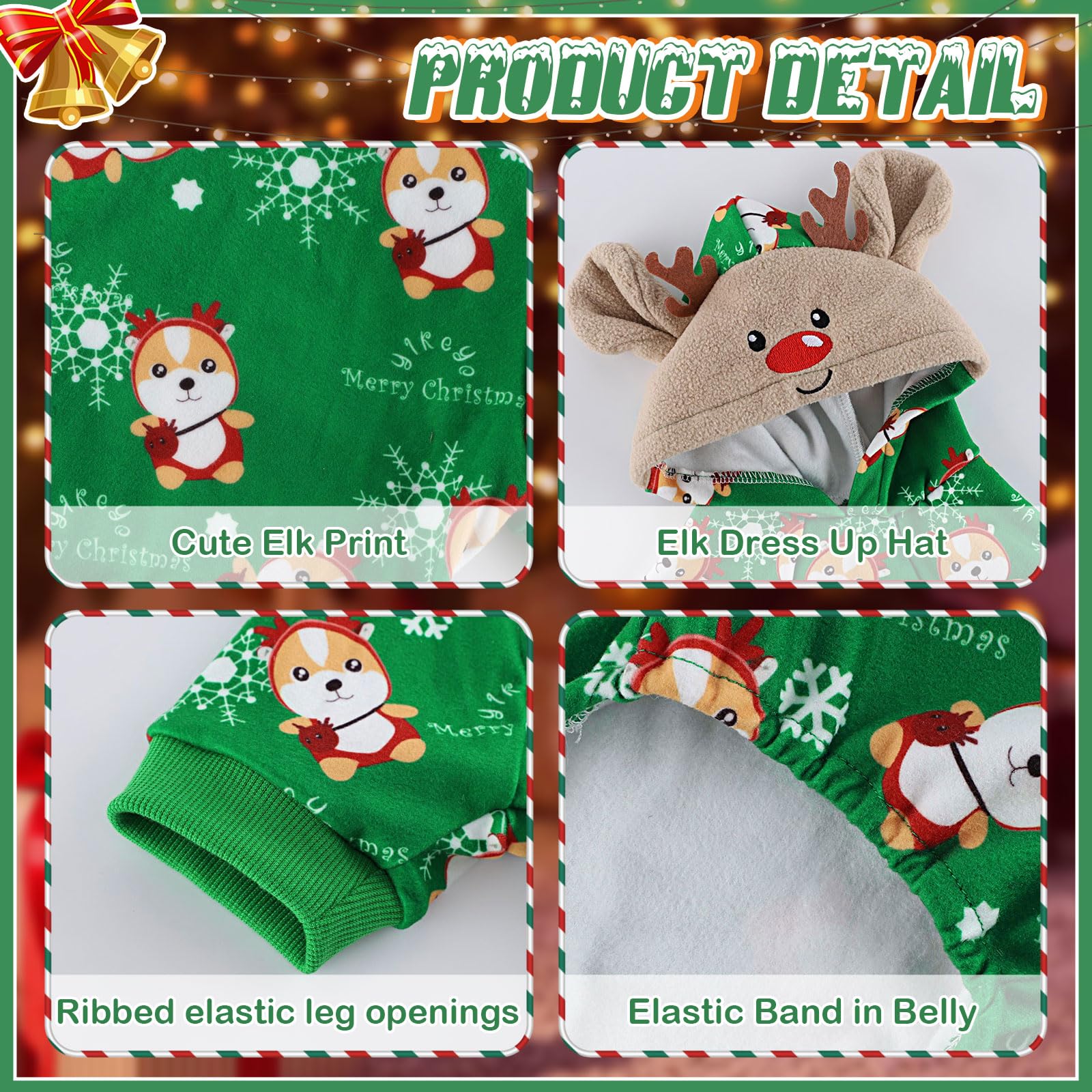 Sebaoyu dog Christmas pajamas hooded reindeer hat detail showcases festive style with cozy warmth.