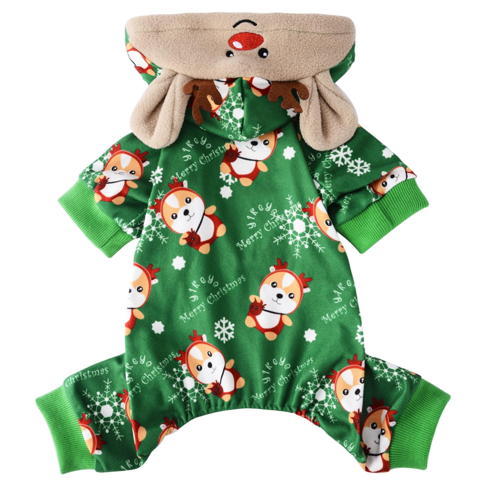 Sebaoyu dog Christmas pajamas XXS green full view helps keep tiny dogs warm during winter outings.