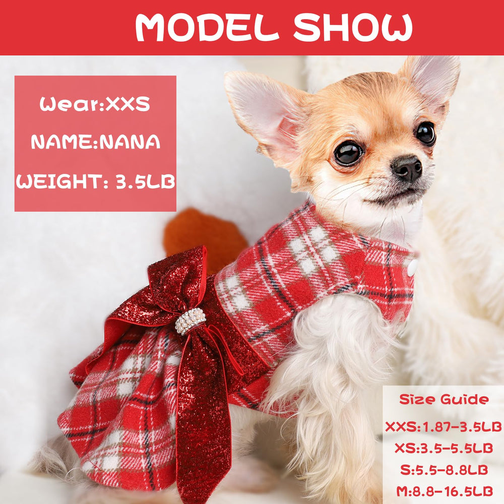 Sebaoyu dog dress red plaid back view shows classic knit style and secure fit for cold weather outings