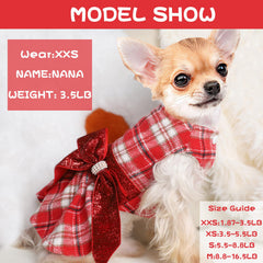 Sebaoyu dog dress red plaid back view shows classic knit style and secure fit for cold weather outings
