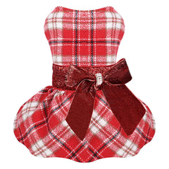 Sebaoyu dog dress red plaid front view highlights warm, stylish small-dog wear for chilly days