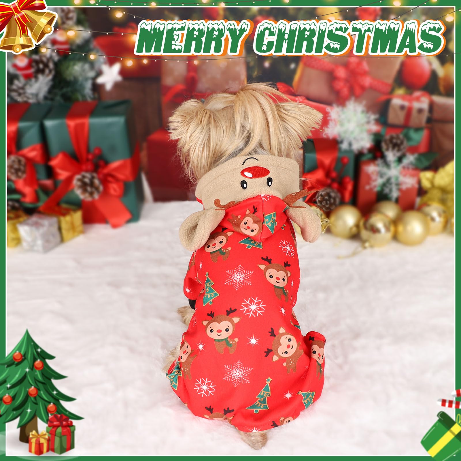 Sebaoyu dog model wearing pajama demonstrates easy dressing and festive style.