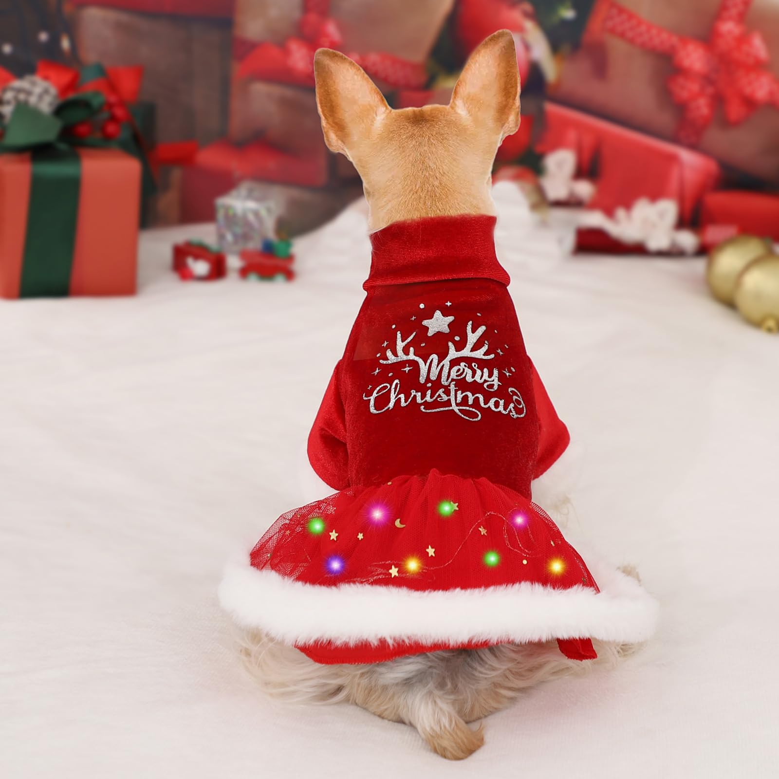 Sebaoyu LED light detail on dog sweater dress showing visible holiday glow
