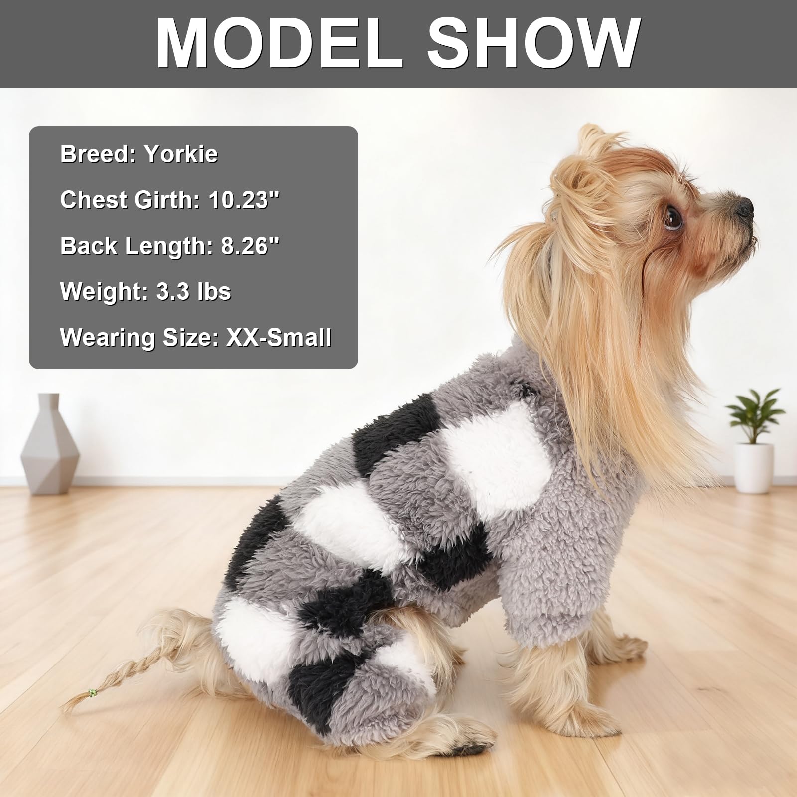 Sebaoyu turtleneck dog pajamas worn by a small breed dog demonstrates easy wear and festive style.