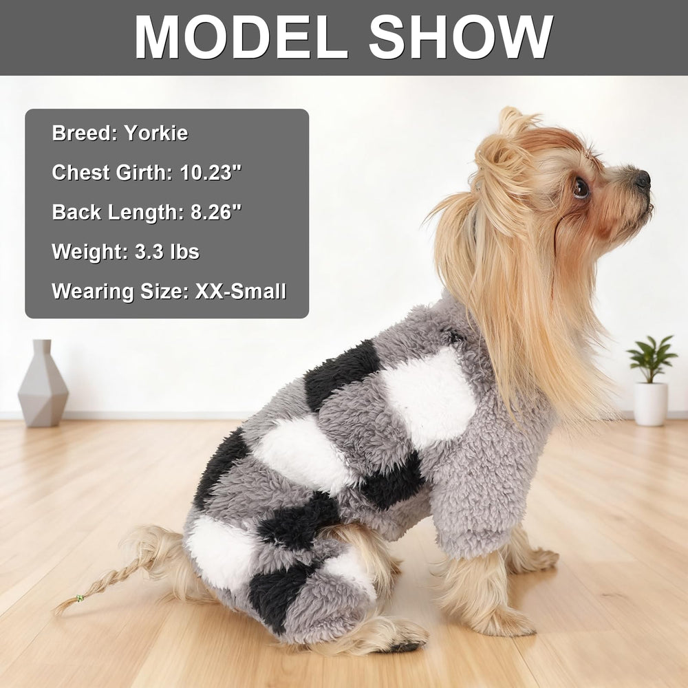 Sebaoyu turtleneck dog pajamas worn by a small breed dog demonstrates easy wear and festive style.