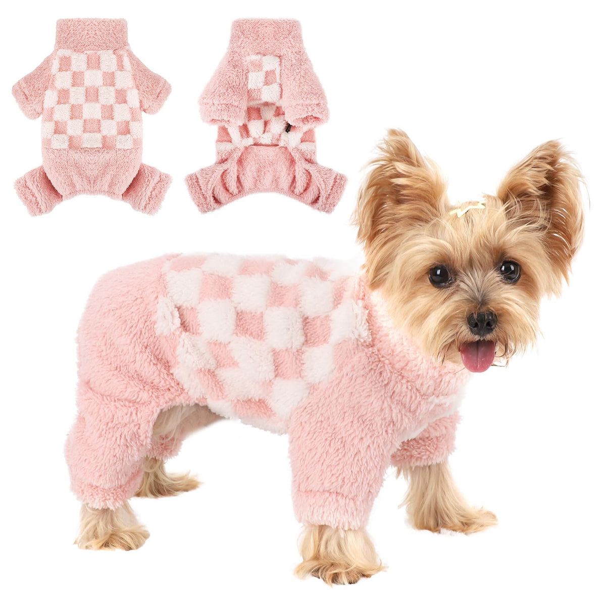 Sebaoyu turtleneck dog pajamas pink plaid front view—cozy warmth for small dogs.