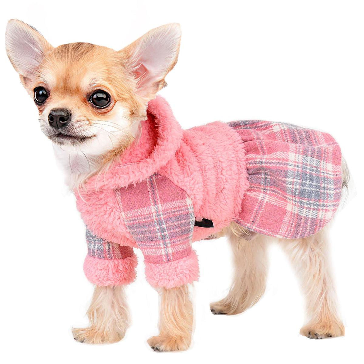 Sebaoyu winter dog dress front view shows pink plaid fleece warmth