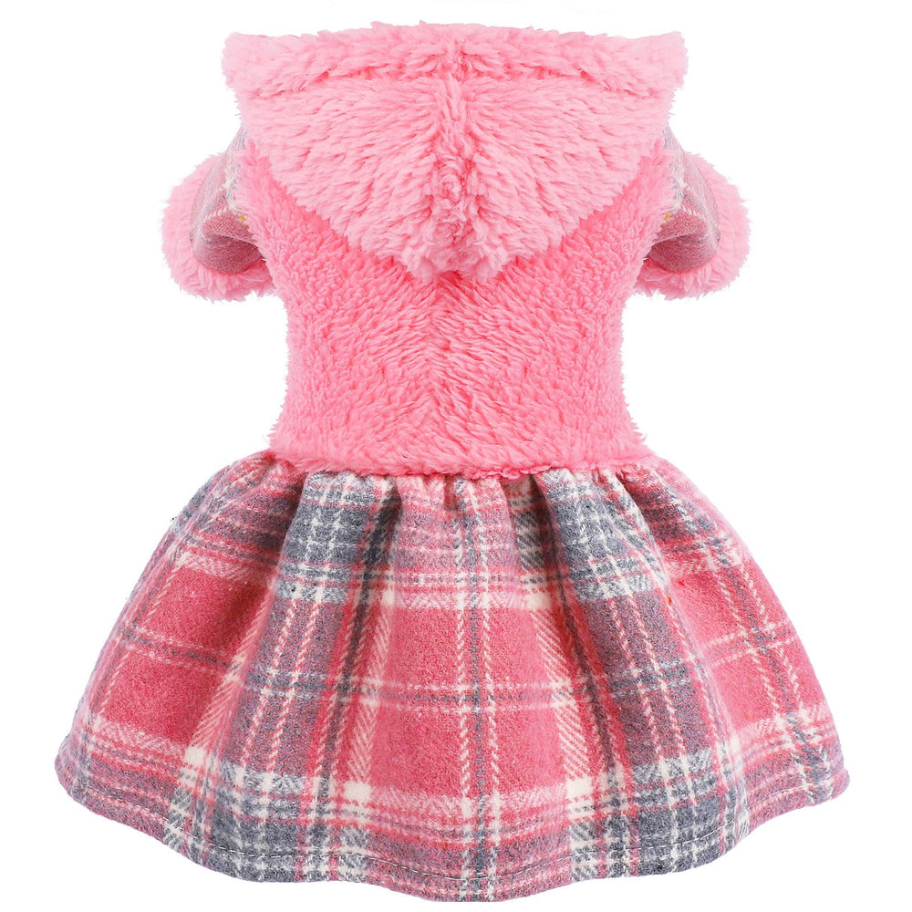 Sebaoyu Winter Dress hoodie pink plaid front view offers cozy warmth for small dogs during walks.