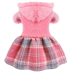 Sebaoyu Winter Dress hoodie pink plaid front view offers cozy warmth for small dogs during walks.
