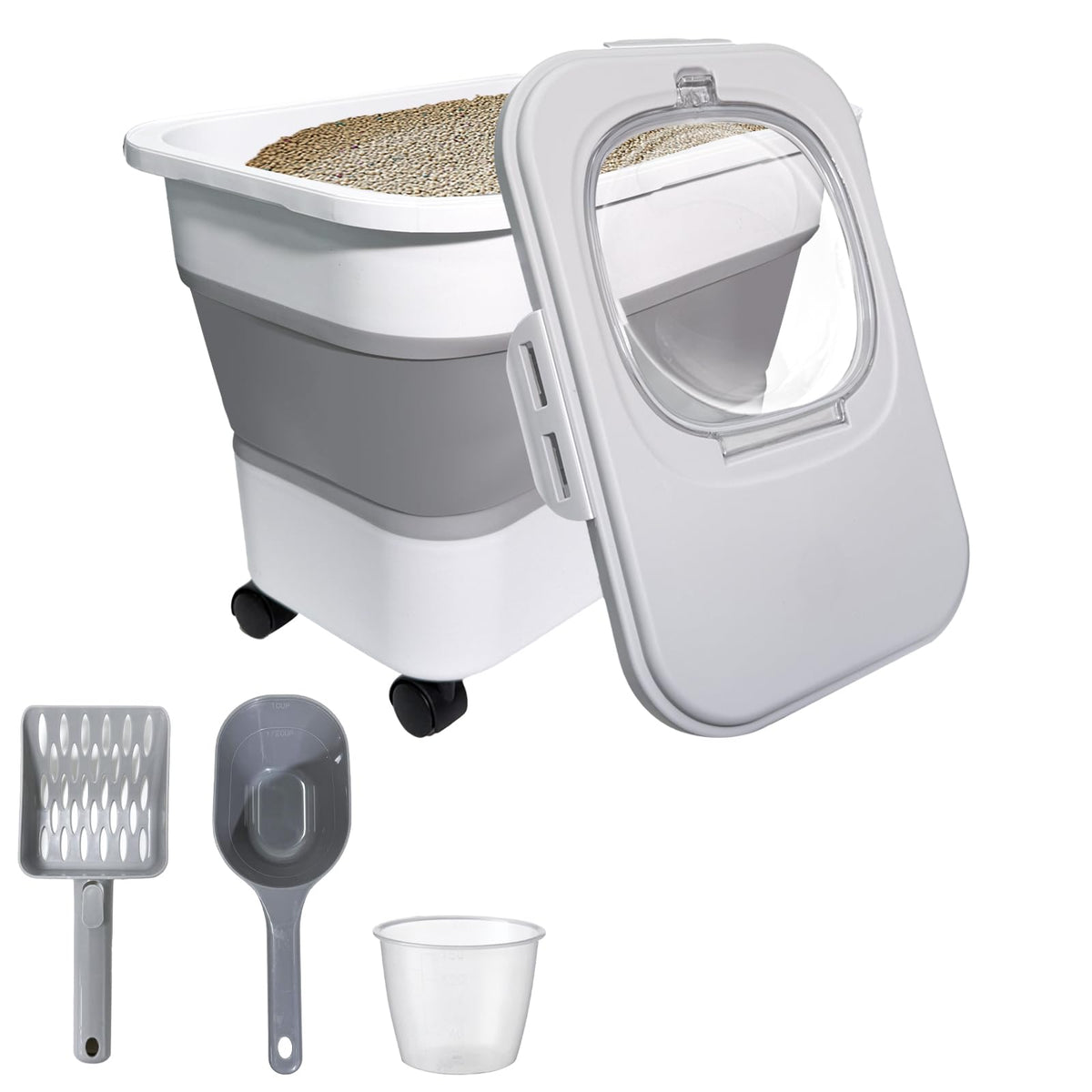 SECOAT collapsible cat litter container with wheels for easy transport.
