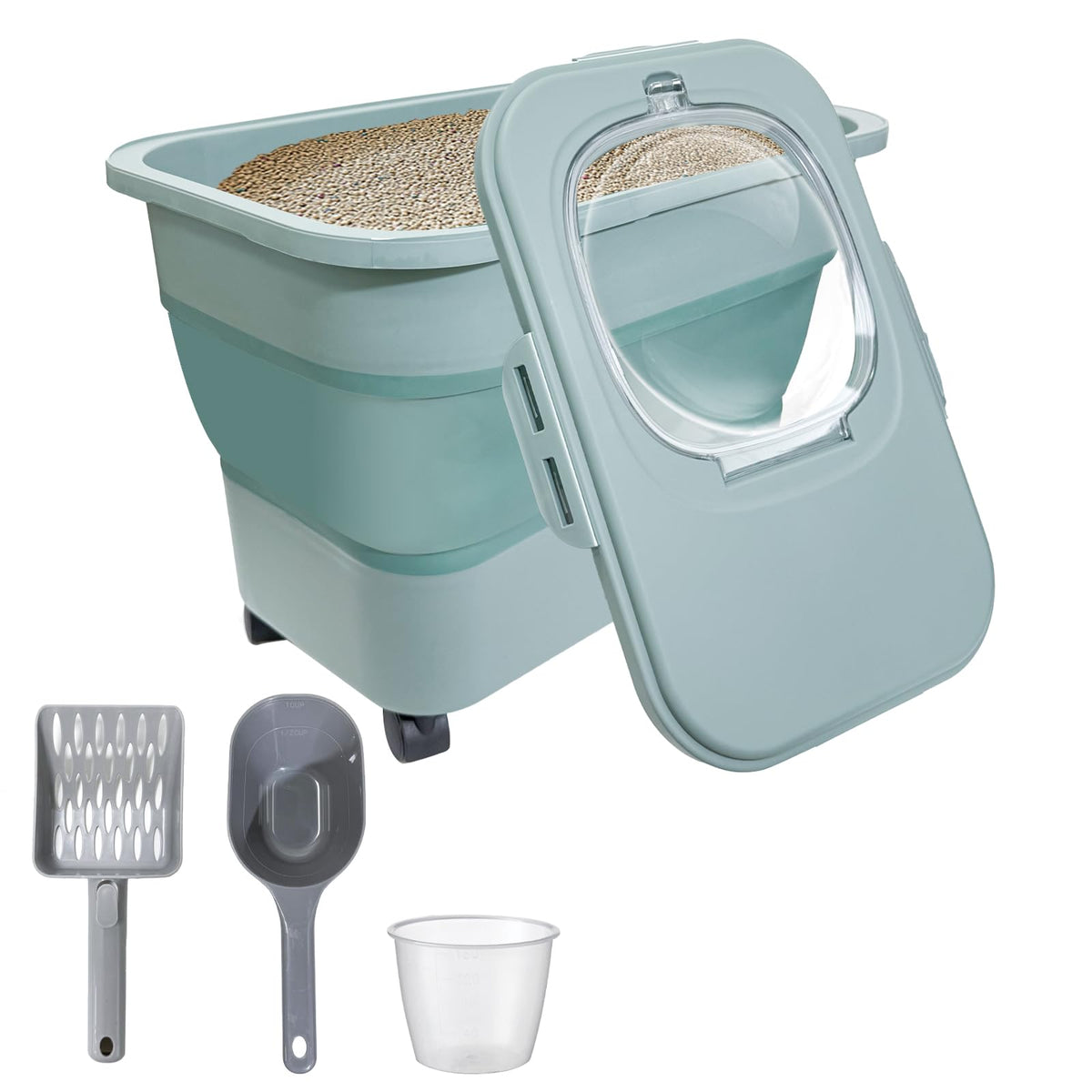 SECOAT collapsible cat litter storage with casters offers easy mobility for heavy scooping at home.