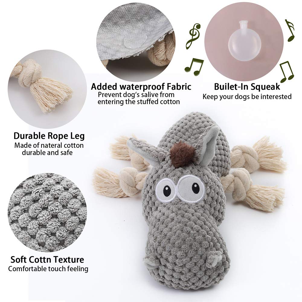 Sedioso donkey dog toy grey close-up showing squeaker for training.