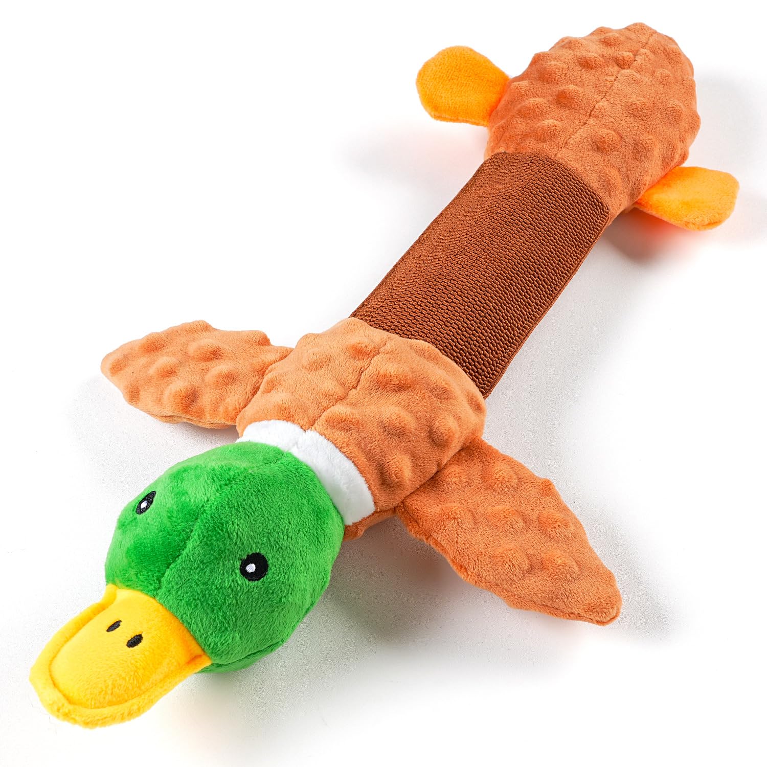 Sedioso duck toy outer view highlights its oversized 20-inch plush design for large dogs.