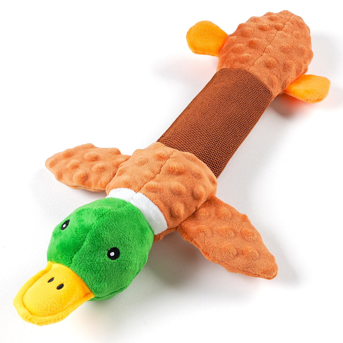 Sedioso duck toy outer view highlights its oversized 20-inch plush design for large dogs.