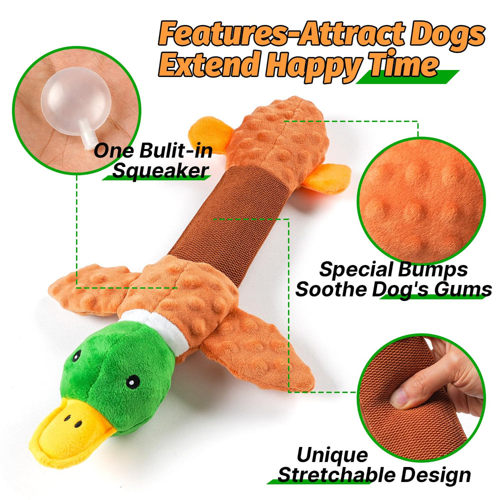 Sedioso duck toy retractable midsection shows reach up to 30 inches for interactive tug play.