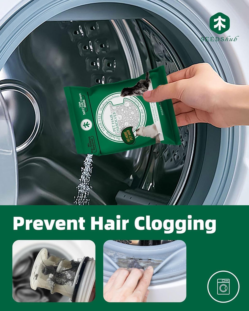 Seedshub washer protection reduces hair buildup and filter clogs