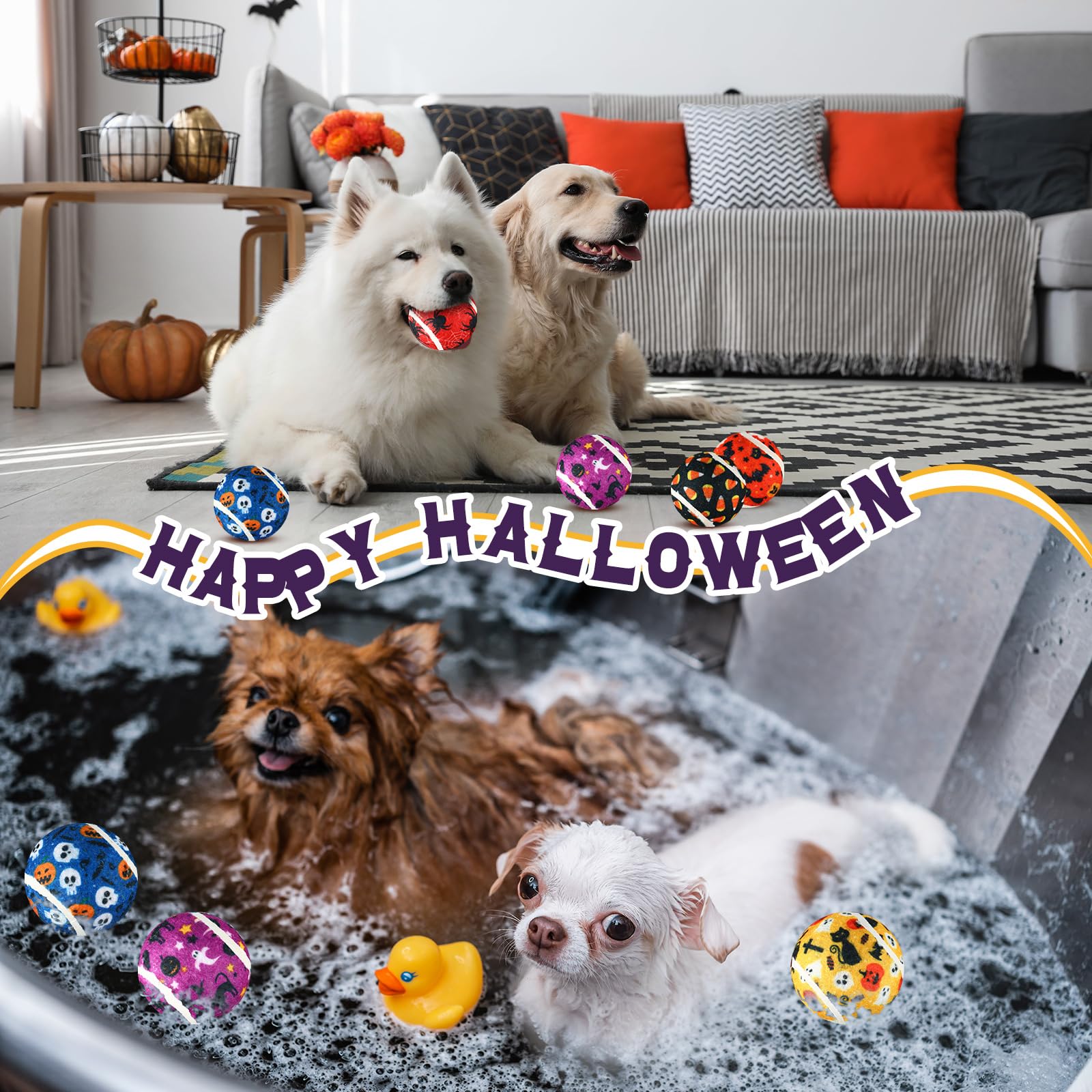 Seenelling dog squeaky tennis ball Halloween design 5 supports teething and exercise.