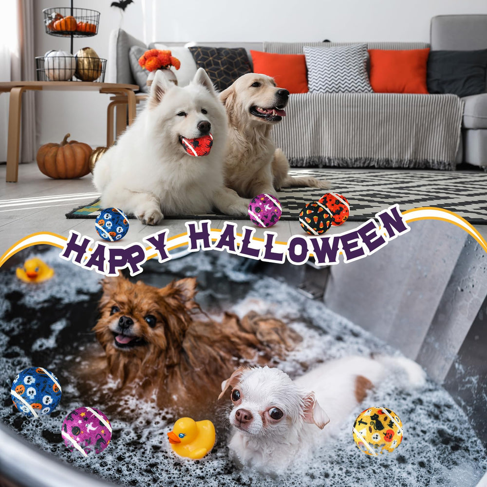 Seenelling dog squeaky tennis ball Halloween design 5 supports teething and exercise.