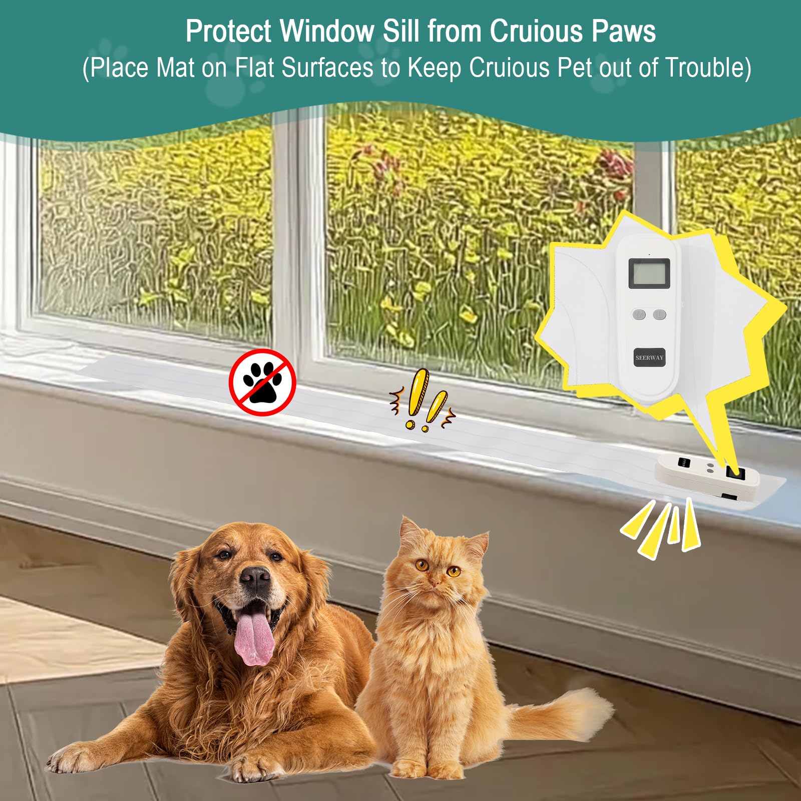 SEERWAY cat deterrent mat on windowsill demonstrates pet boundary awareness.