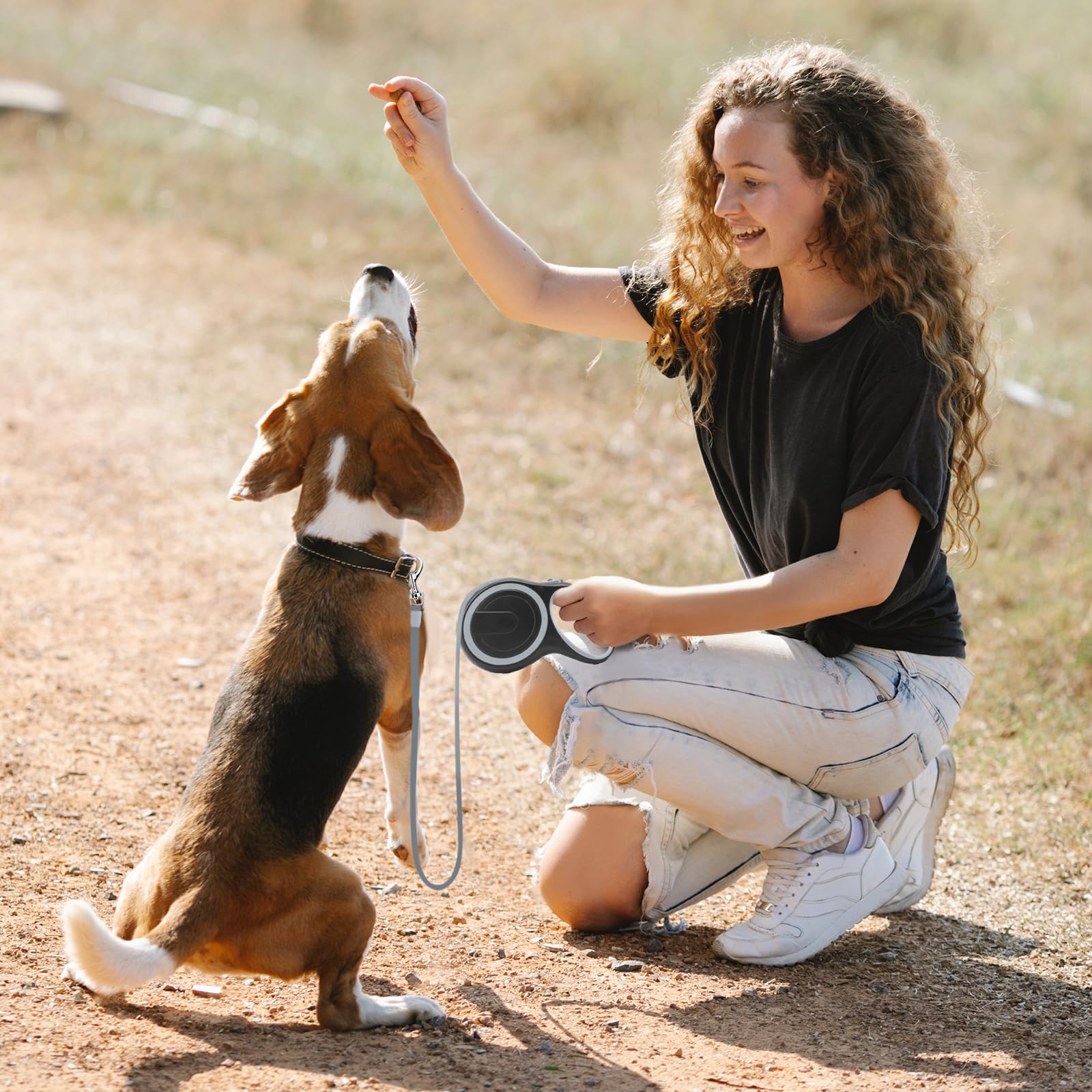Segarty leash in urban setting offering safe, roomy 16ft reach.