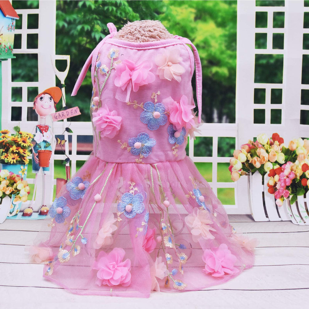 SEIS pink bow and floral embroidery closeup for charming pet formalwear
