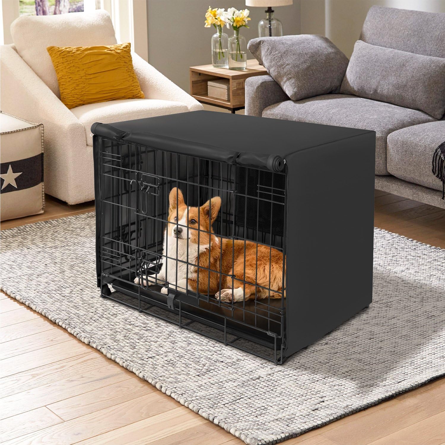 Seiyierr crate cover creates den-like privacy to help dogs feel secure.
