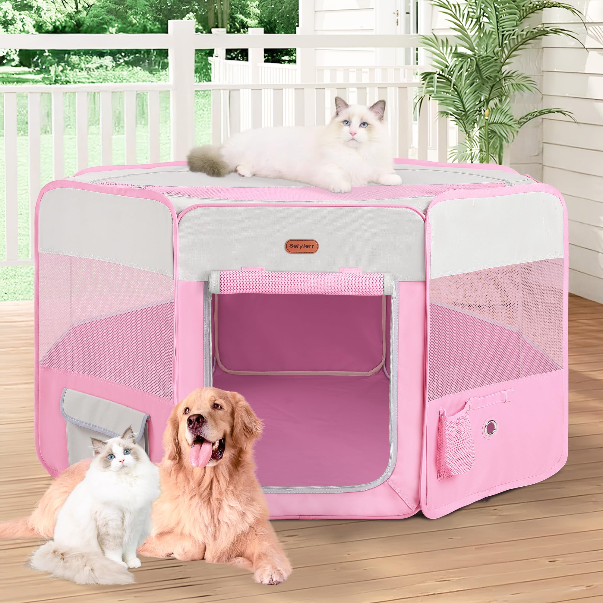 Seiyierr dog playpen folded neatly in the included storage bag for easy travel