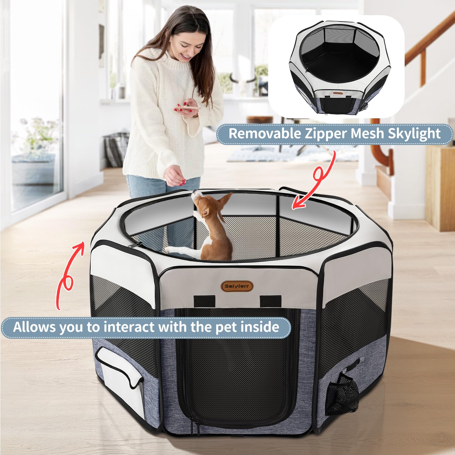 Seiyierr dog playpen suitable for indoor and outdoor use on trips.