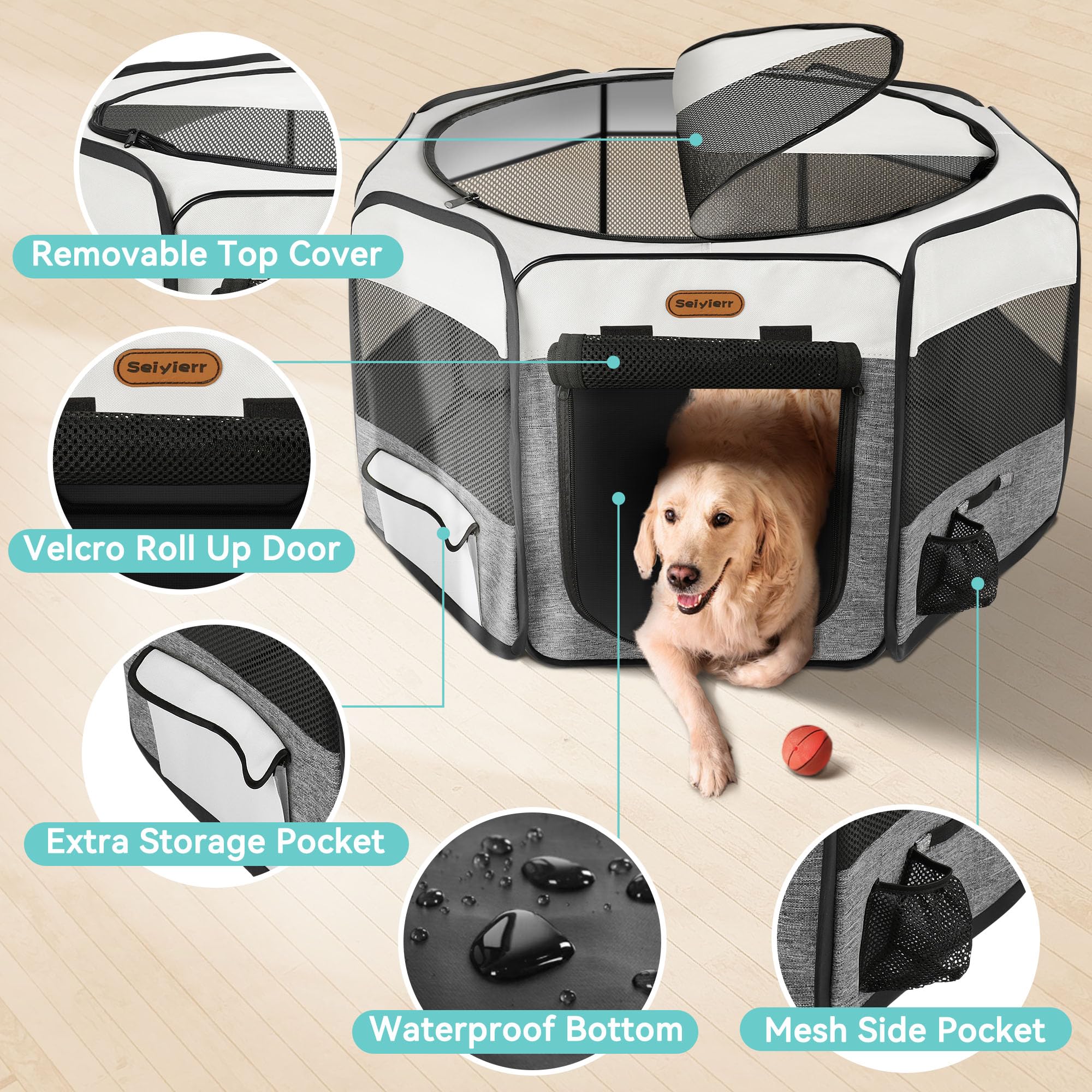 Seiyierr dog playpen with removable half-mesh top for easy access and airflow