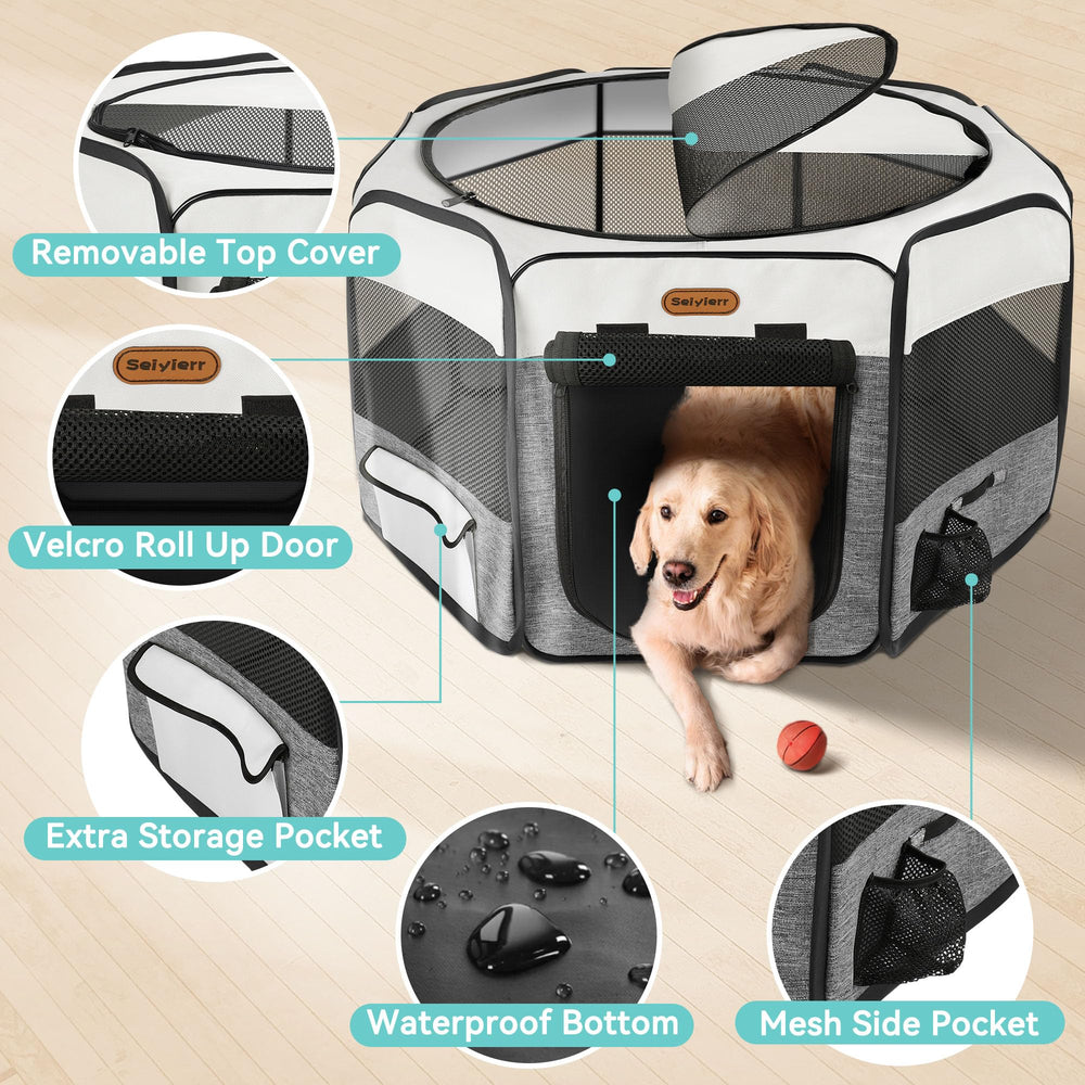 Seiyierr dog playpen with removable half-mesh top for easy access and airflow