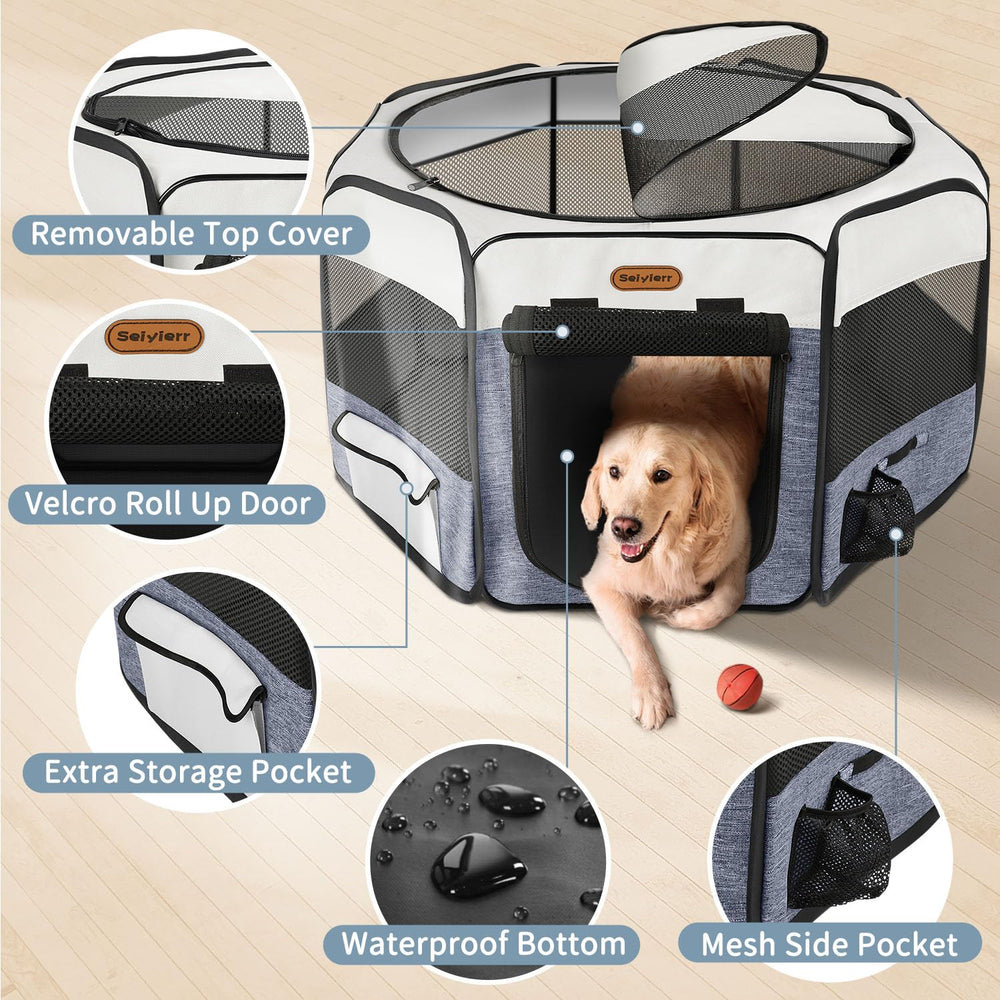 Seiyierr dog playpen removable half-mesh top improves airflow while secure.