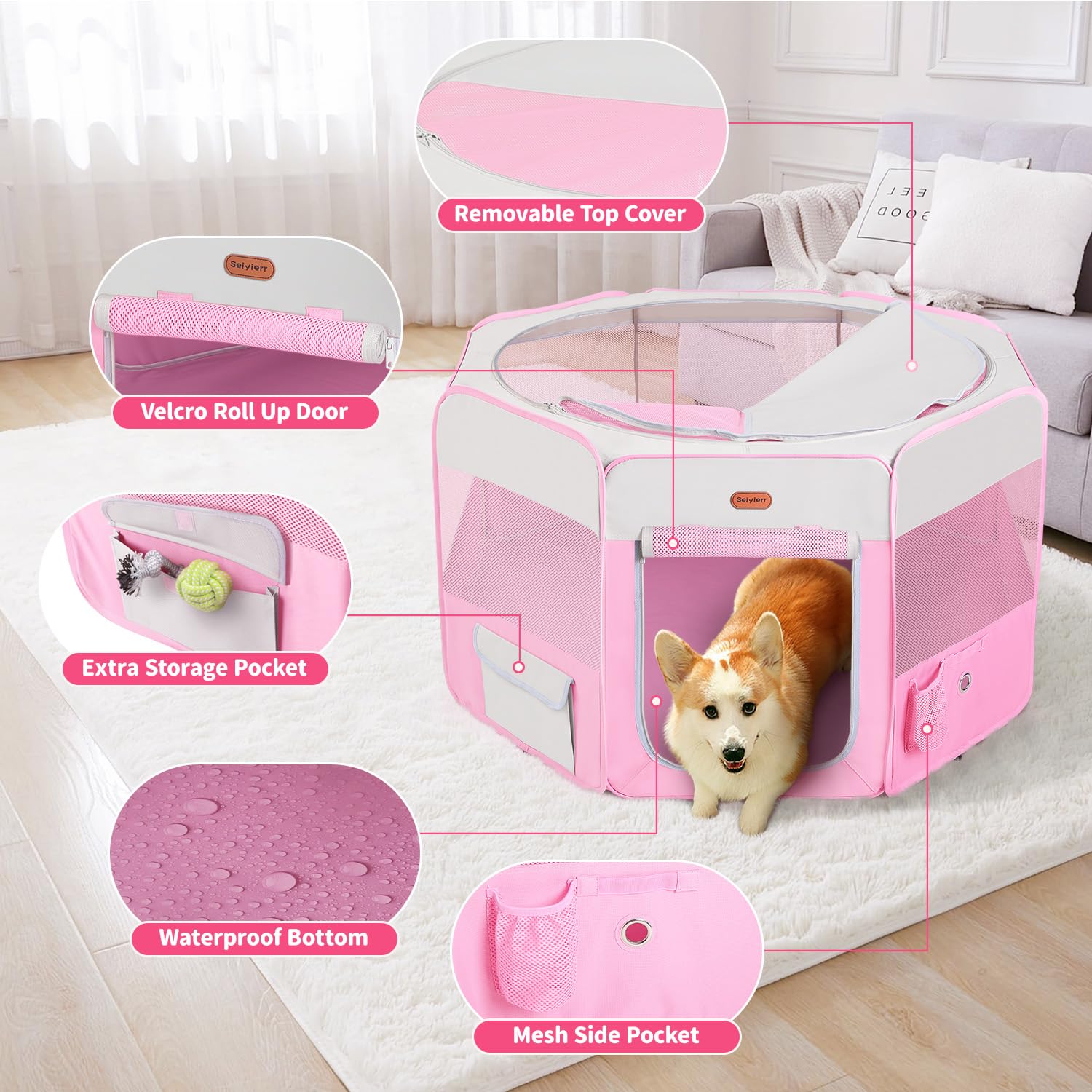 Seiyierr Dog Playpen fabric close-up showing water-resistant material.