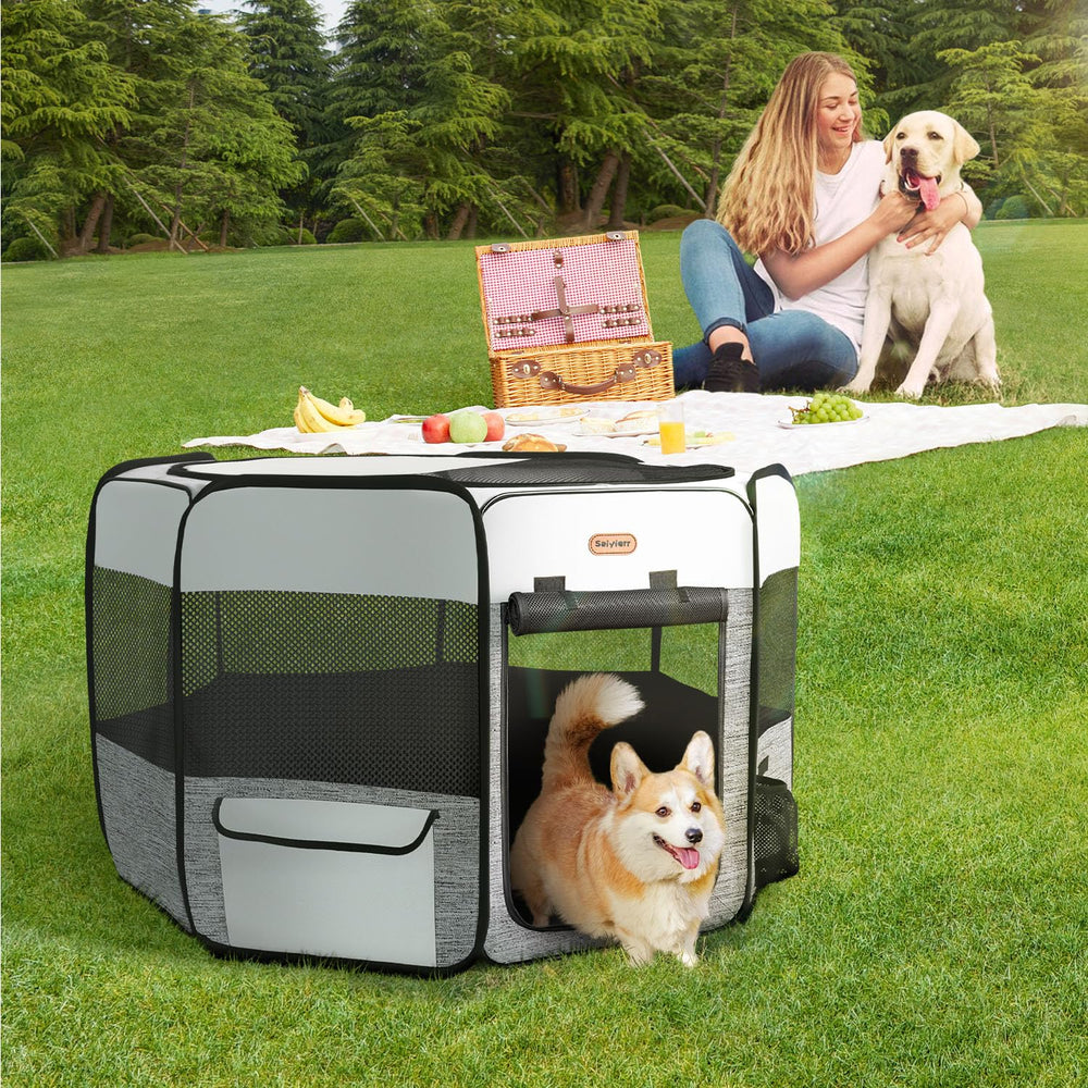 Seiyierr playpen side-pocket handy for treats and accessories