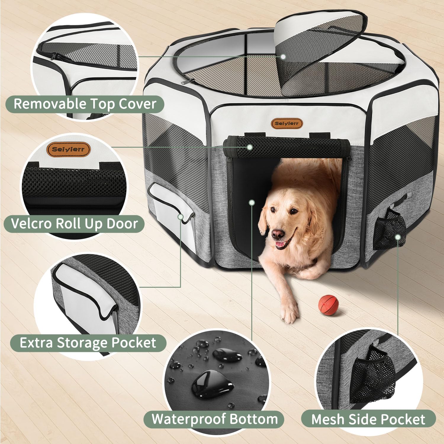 Seiyierr Puppy Playpen durable 600D Oxford fabric supports outdoor use and easy cleaning.