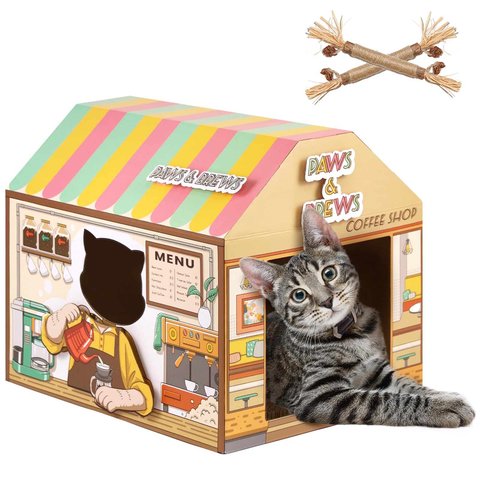 SEKAM Cardboard Cat House front view with cozy coffee shop hideaway for indoor cats