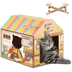 SEKAM Cardboard Cat House front view with cozy coffee shop hideaway for indoor cats