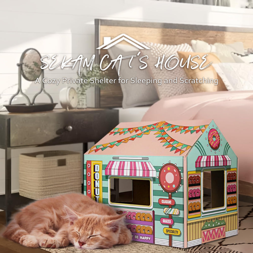 SEKAM Cardboard Cat House scratcher close-up shows corrugated surface for paw grooming