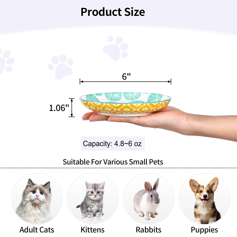 Selamica cat bowls with vibrant patterns inside and outside